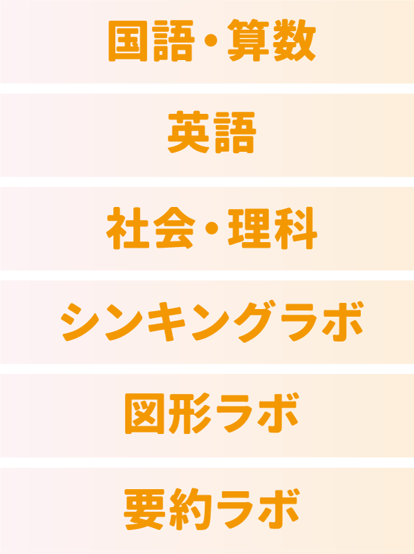 受講可能コース、国語 算数、英語、社会 理科、シンキングラボ、図形ラボ、要約ラボ