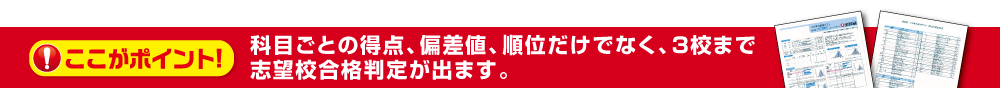 科目ごとの得点、偏差値、順位だけでなく、3校まで志望校合格判定が出ます